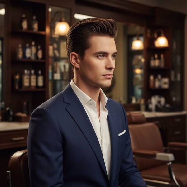 Editorial barbershop portrait — a sharp pompadour